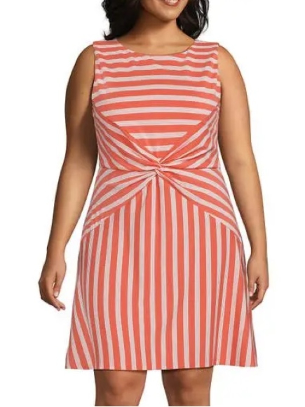 LANDS’ END Orange & White Stripe Cotton Modal Boatneck Twist Dress